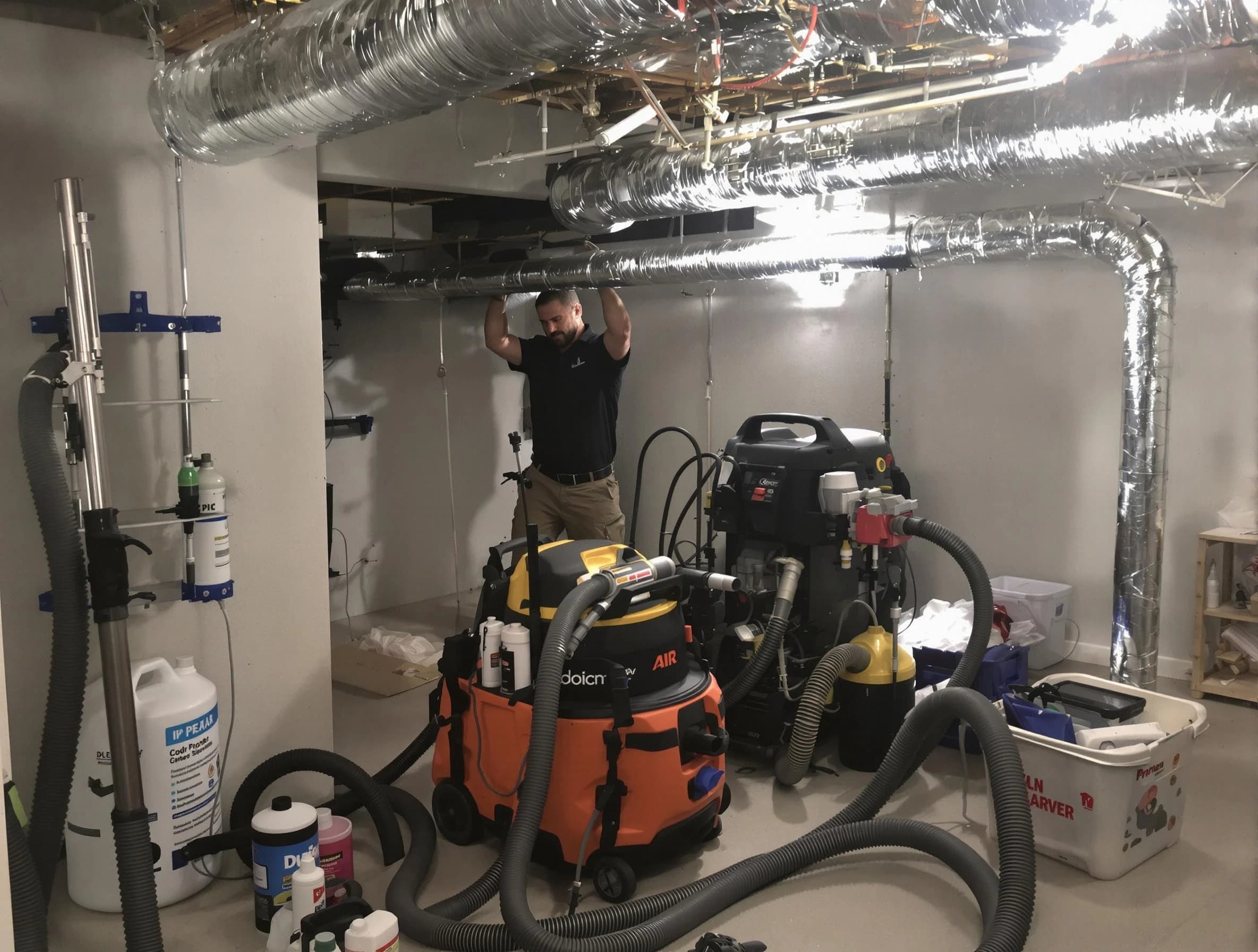 Bon Air Air Duct Cleaning specialist performing professional mold removal from air ducts using safety equipment in Bon Air